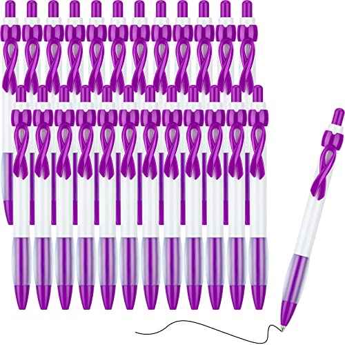 200 Pcs Purple Ribbon Retractable Pen Bulk Lupus Domestic Violence Awareness Grip Pen Black Ink Epilepsy Alzheimers Pancreatic Cancer Awareness Ballpoint Pens for Charity Events Campaign Party