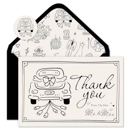 Whaline 24 Pack Wedding Thank You Cards Black The New Mr & Mrs Car Cake Thank You Greeting Note Cards with Envelope Sticker for Bridal Shower