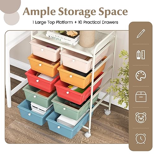 GOFLAME 10-Drawer Rolling Storage Cart, Macaron Color - 26 x 14.5 x 34 in, Locking Wheels