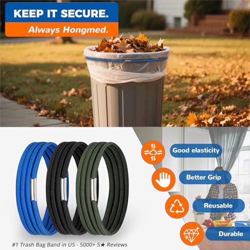 Hongmed Large Trash Can Bands - Set of 3, Fits 32-55 Gallon Cans (Black/Blue/Green) - Large Elastic Rubber Bands