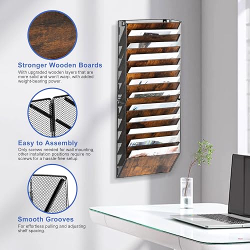12-Pocket Wall File Organizer, Wood Mail Organizer Wall Mounted Paper Document Magazine Holder, Hanging Clipboard Storage Basket for Office Home School Organization, Black/Antique