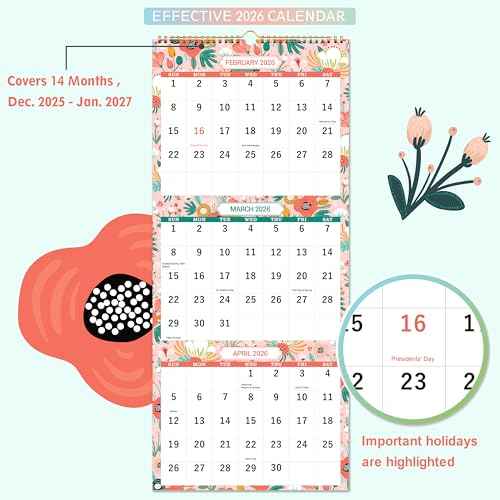 2026 Wall Calendar - Jan. 2026 - Dec. 2026, 3 Month Wall Calendar Display (Folded in one Month), 11.25" x 26", 3 Month Calendar 2026