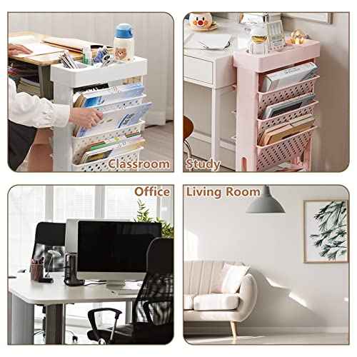 CINPIUK Pink Rolling Office Paper Organizer, Mobile Book Cart Document Folder File Storage with Pen Holder, Slim Rolling Storage Cart Movable Bookshelf for Office, Dorm, Classroom, Nursery