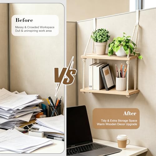 Natural Wood 2-Tier Cubicle Shelf with Hooks - Office Organizer & Wall Mount