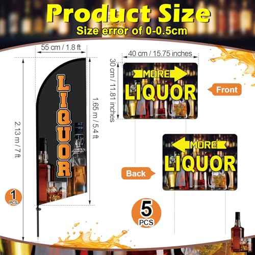 Liquor Feather Flag Pole Kit Include 7 ft Banner Flag with Poles 5 Pcs Liquor Drink Yard Signs and 10 Pcs Ground Stake for Bar Drink Business Outside Advertising Market Store