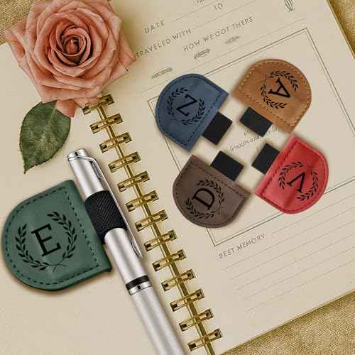 Bygone Mark Bookmark with Pen Holder, 26 Name Initial Letters, 5 Retro Colors, Personalized Magnetic Leather Bookmarks Gift for Women and Men Book Lovers, Students, Teachers (Brown, S)