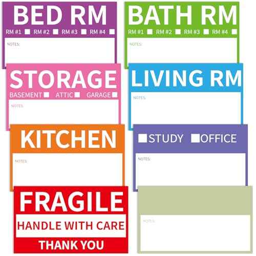170 Home Moving Labels, 3.4 x 2 inches, 8-Color Coded Packing Box Stickers with Fragile and Blank Customizable Labels
