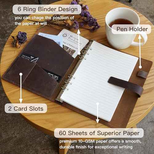 Refillable A5 Leather Binder Notebook 6-Ring, Reusable Genuine Leather Journal, Vintage Planner, 120 Pages Lined Paper & Pocket, for Writers Business Work Study College and Daily, 6.9¡±x 9¡±
