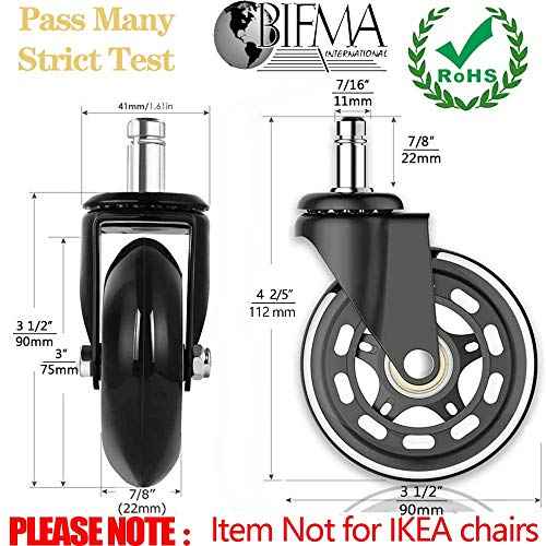 3 Inch Office Chair Wheels - Rubber Chair Casters Replacement, Heavy-Duty Computer Gaming Desk Caster Wheel Smooth & Safe Rolling for All Floors Including Hardwood and Carpet, Set of 5