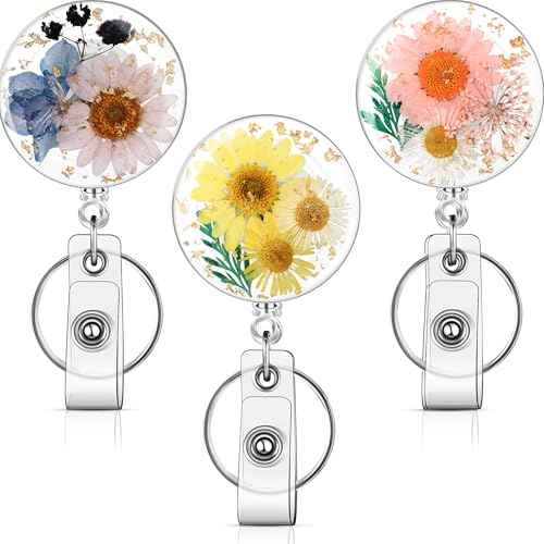 3 Pcs Flower Badge Reel Convenient Badge Reels Retractable with Key Ring Nurse Badge Holder Dried Floral Resin ID Badge Clip for Teacher Nurse Doctor Worker (Round)