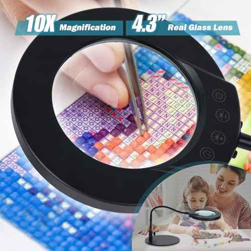 10X Magnifying Glass with Light and Stand, 4.3" Real Glass Lens, 5 Color Modes & Stepless Dimming LED Desk Lamp, Hands-Free Magnifier with Clamp & Flexible Gooseneck for Crafts, Hobby, Close Work