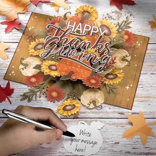 Happy Thanksgiving Pop Up Card, Pumpkin, Flowers, Thanks Giving, 3D Popup Greeting Cards, Gifts for Mom, Grandma, Girl, Women, Table Decorations, 5x7 - Includes Envelope And Message Note