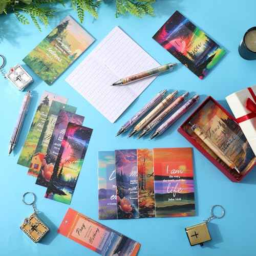 200 Pcs Christian Gifts for Women Christian Accessories Include 50 Bible Verses Notebooks 50 Church Bookmarks 50 Scripture Pens 50 Organza Bags for Church Motivational Gift(Scenery)