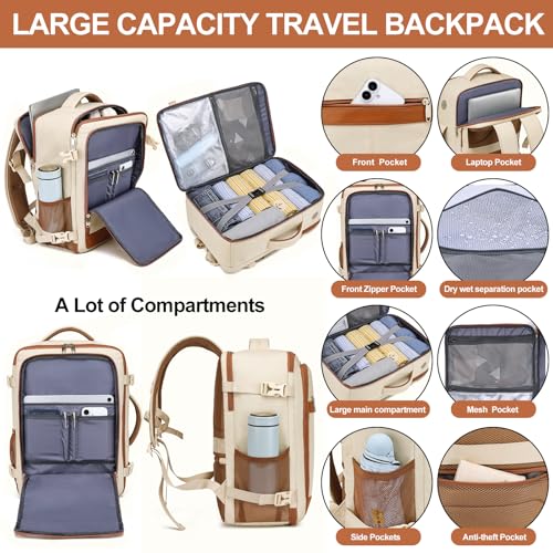 EZUOLA Travel Backpack for Women Large 25L Beige Carry-On Airline Approved