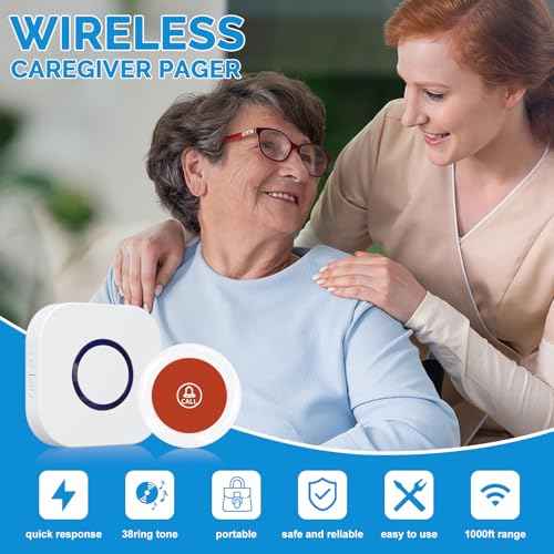 Wireless Caregiver Pager Dual Receiver Home Alert System with Emergency Call Bell SOS Buzzer Buttons for Elderly Parents 1000+ Feet Range 38 Melodies AB Buttons No Monthly Fee 2RX+2TX White
