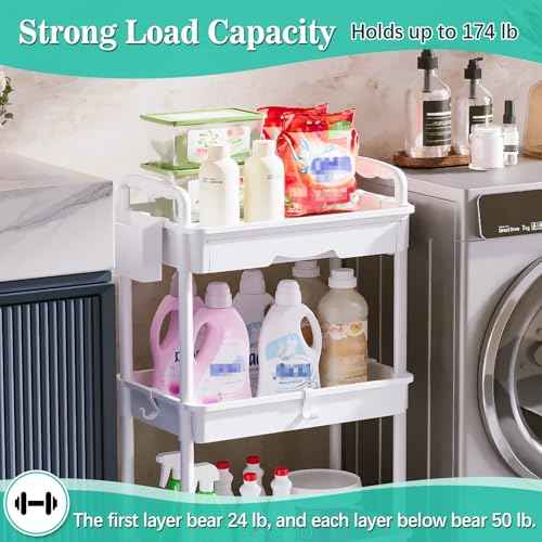 3 Tier Rolling Cart with Drawer, Bathroom Storage Organizer with 2 Lockable Wheels, Multifunctional Rolling Storage Cart for Bathroom, Kitchen, Office, Craft, Makeup, Baby Essentials, White