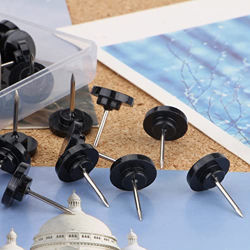 Yalis 200-Count Black Push Pins — Flat Head Thumb Tacks, Stainless Steel Pin, Plastic Head