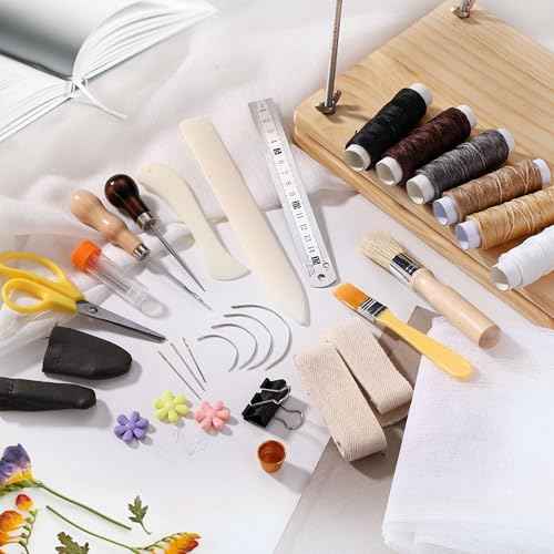 Yoption 53 Pcs Book Binding Kits, 11.61 x 7.68 Inches Wooden Book Press, Books Binding Materials with Bone Folder, Awl, Needles, Waxed Thread for DIY Bookbinding, BookRepair