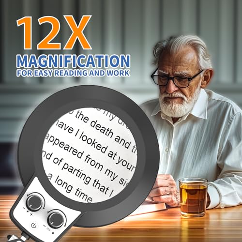 12X Magnifying Glass with Light Hands Free, 2025 New Upgrade Infinite Color and Brightness Magnifying Desk Lamp & Clamp, 2-in-1 LED Lighted Magnifier Stand for Craft Reading Hobby Close Work