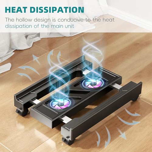 CABTE Black Computer Tower Stand with Adjustable Width, 88 lb Capacity & Built-In Cooling Fan