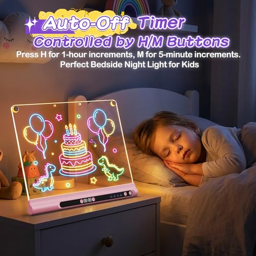 Pink 16-Inch Rechargeable LED Drawing Board for Kids with 9 Colors & Markers
