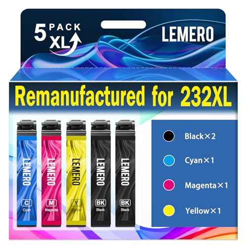 Remanufactured for Epson 232XL Ink Cartridges Combo Pack Replacement for Epson 232 Ink Cartridge Use with Epson XP-4200 XP-4205 Workforce WF-2930 WF-2950 Printer 5 Pack Large Capacity 232 232XL