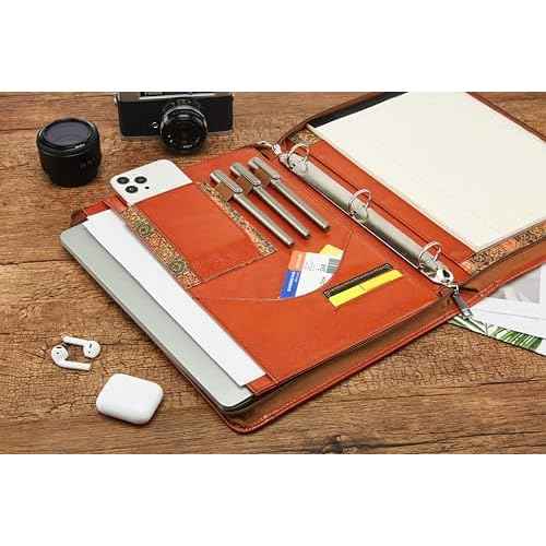 HYCLLLS Vegan Leather Portfolio, Brown leather Padfolio, 10x13.5 inch briefcase with 3 Ring Binder, Faux leather Portfolio fit for A4 Letter Size notepad, Leather padfolio for Men and Women