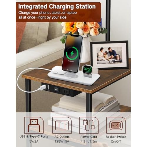 Floor Lamp with Table & Remote, Side End Table with Charging Station, Dimmable Nightstand with 3 Color Temperatures, 1-Hour Timer, 12W LED Bulb, for Living Room, Bedroom