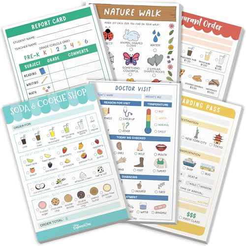 Tiny Expressions Playtime Notepads - 6-Pack Kids Pretend Play Notepads - 40 Pages Each of Restaurant, Doctor, Boarding Pass, Report Card, Nature Walk & Soda Shop for Imaginative Role Play