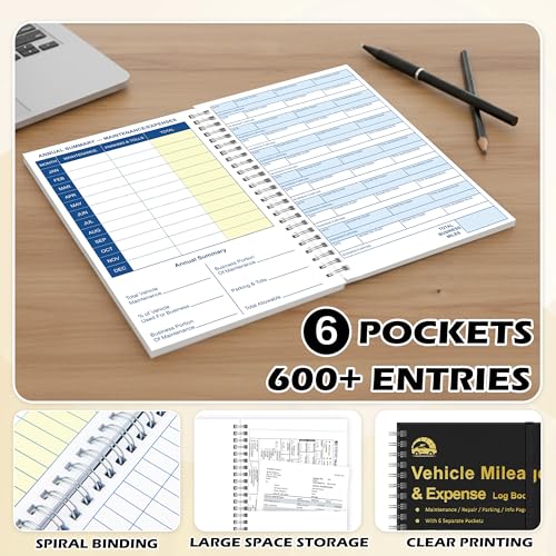 GLDTPOZK 1 Pcs Auto Mileage & Expense Logbook with 6 Pockets, 600+ Entries, PU Leather, 5.25 x 8.5 inches, Black