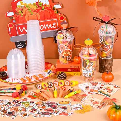 247 Pcs Thanksgiving Return Gifts for Birthday, Student Stationery Gifts from Teacher, Classroom Gifts Pencil Erasers Notesbook Stickers for Thanksgiving Classroom Birthday Goodie Bags Rewards Prizes