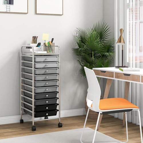 10 Drawers Rolling Storage Cart, Mobile Utility Cart, Sundries Storage Cart w/Lockable Casters for School, Office, Home, Multipurpose Storage Organizer Cart (Black)