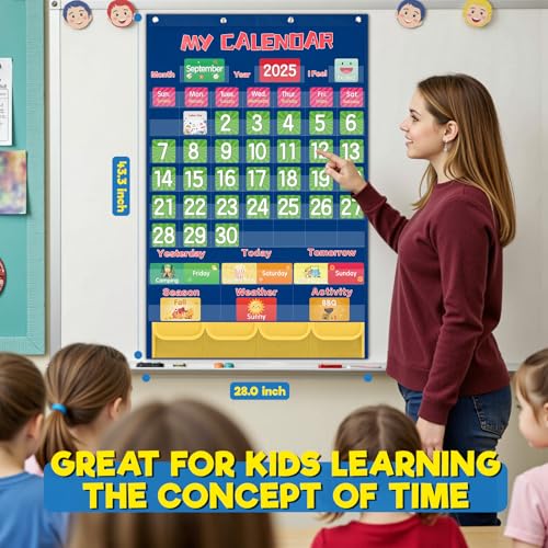 Blue Classroom Calendar Pocket Chart for Elementary with 144 Colorful Cards