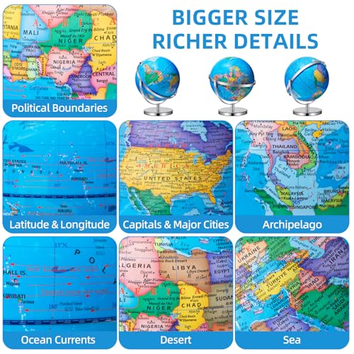 BSHAPPLUS 13-Inch World Globe with Metal Stand, 720° Full Rotation, Not Illuminated
