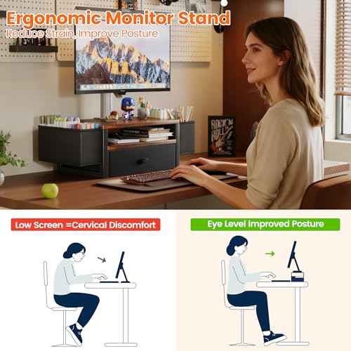 Desk Organizers and Accessories, 3-Tier Computer Monitor Stand Riser with Fabric Drawer & 6 Pen Holder, Office Desk Accessories Workspace Desktop Organizer for Office Supplies, Rustic Brown