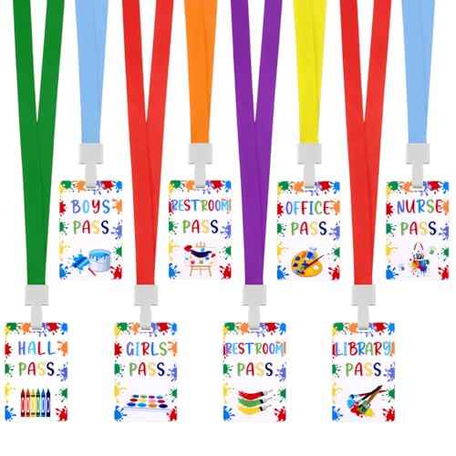 8 Packs Art Hall Passes, Unbreakable PVC School Passes and Soft Lanyards Set, Elementary Middle School/Teacher Supplies for Classrooms Hall Library Restroom Nurse Office Supplies