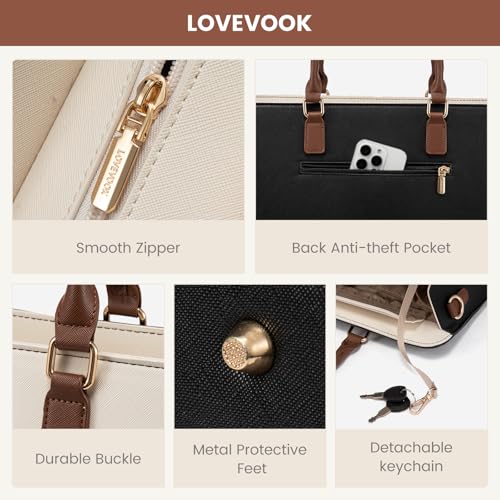 LOVEVOOK 15.6 Inch Leather Laptop Tote Bag for Women, Waterproof Office Work Bag, Black-White-Brown