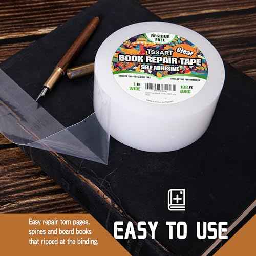 Clear Book Repair Tape - Self Adhesive Stretchable Book Tape, Essential Clear Repair Tape for Reinforcing Protecting, and Covering Mending Books Old Books - 1 Inch Wide x 108 FT Long