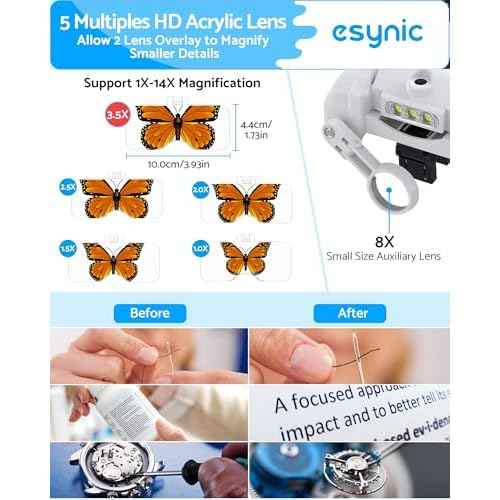 eSynic Comfortable Head Magnifier with Light USB C Rechargeable 1X-14X Magnification 5 Acrylic Lenses Double Lens Design Adjustable Headband for Reading Crafts Jewelry Repair Close Work