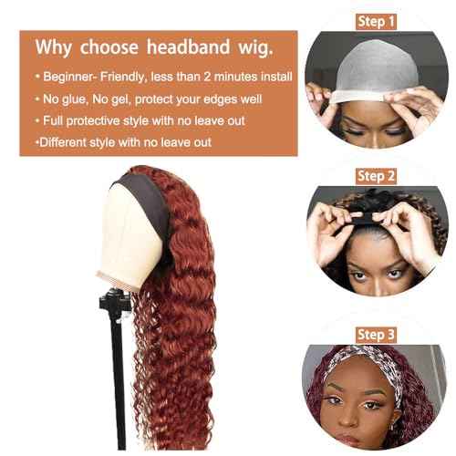 32 Inch #33 Reddish Brown Headband Wig Human Hair 150% Density Grade 8A Unprocessed Brazilian Virgin Hairs Machine Made Auburn Brown Water Wave Headband Wig Human Hair None Lace Front Wig
