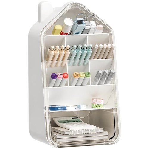 45° Angled Pen Holder with Drawer – Space-Saving 3-Compartment Desk Organizer, Dust-Proof Storage for Office Supplies, Makeup, and Accessories – Desktop Organizer for Home, Office, and Dorm