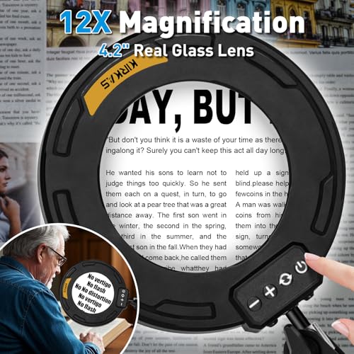 KIRKAS 12X Magnifying Glass with Light Large Clamp, Real Glass Lens Lighted Magnifying Lamp, 3 Section Swing Arm and 5 Color Modes 10 Levels Dimming LED Mgnifier for Reading Craft Hobby Close Work