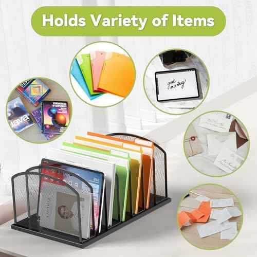 Desk File Organizer 7 Sections Upright Mesh File Sorter Organizer for Desk, Office Organization File Holder for Home, Office & Classroom (Black, 1Pack)