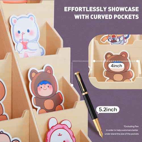 Wooden Sticker Display Stand with 25 Curved Pockets for 4'' Stickers and Brochures, Ideal for Small Business Supplier Events and Trade Shows (Extra Large)