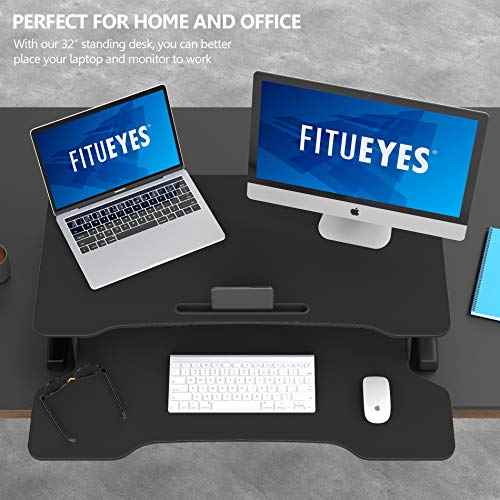 FITUEYES Height Adjustable Standing Desk 32¡± Wide Sit to Stand Converter Stand Up Desk Tabletop Workstation for Dual Monitor Riser FSD308001WB