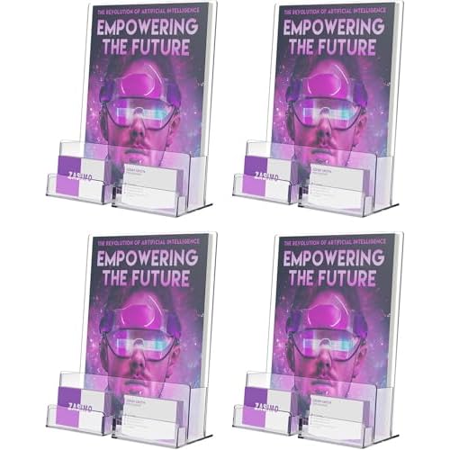 Acrylic Brochure Holder with Business Card Holder, 8.5"x 11", Clear Flyer Stands for Display, Ideal for Trade Show, Menu, Journals, Pamphlet, Magazine, Booklets, Literature (4-Pack Acrylic)