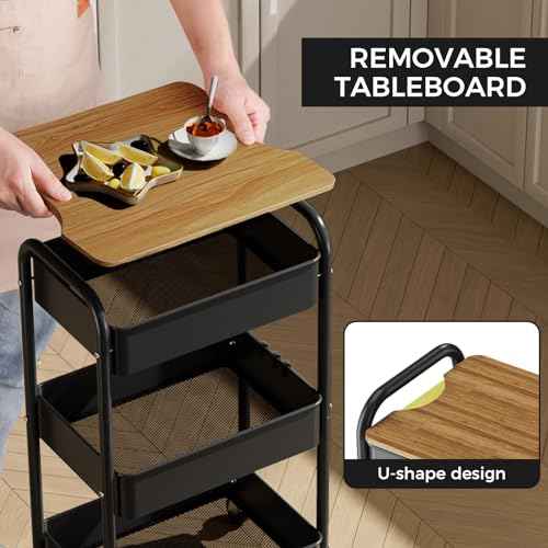 3 Tier Rolling Cart with Table top, Metal Utility Cart, Sturdy Storage Organizer Cart with Locking Wheels & Hooks for Office, Classroom, Kitchen and Bathroom