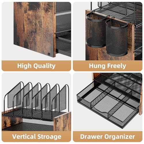 Marbrasse Desk organizer with Drawer, 4-Tier Wooden File Organizer with 5 Vertical File Holders and 2 Pen Holders, Desk Organizers and Accessories for Home Office - Dark Brown