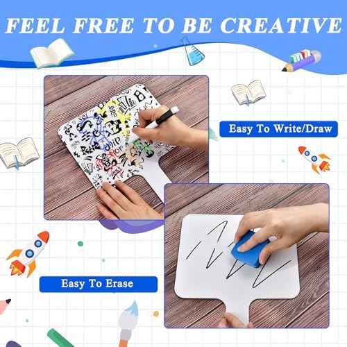 24 Pcs Dry Erase Answer Paddle, 10 x 8 Inch Auction Paddles with Markers and Erasers, Handheld White Board with Handle for Teaching Meeting Bidding Voting Games (Double Sided)