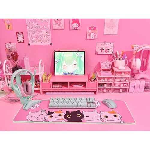 JMIYAV Pink Kawaii Cat RGB Gaming Mouse Pad 31.5x12 Inch PC XL Large Extended Glowing Led Light Up Cool Mouse pad Desk Pad Non-Slip Rubber Jmiyav Computer Mouse Pad Cute Mousepad Mat 31.5x12 Inch